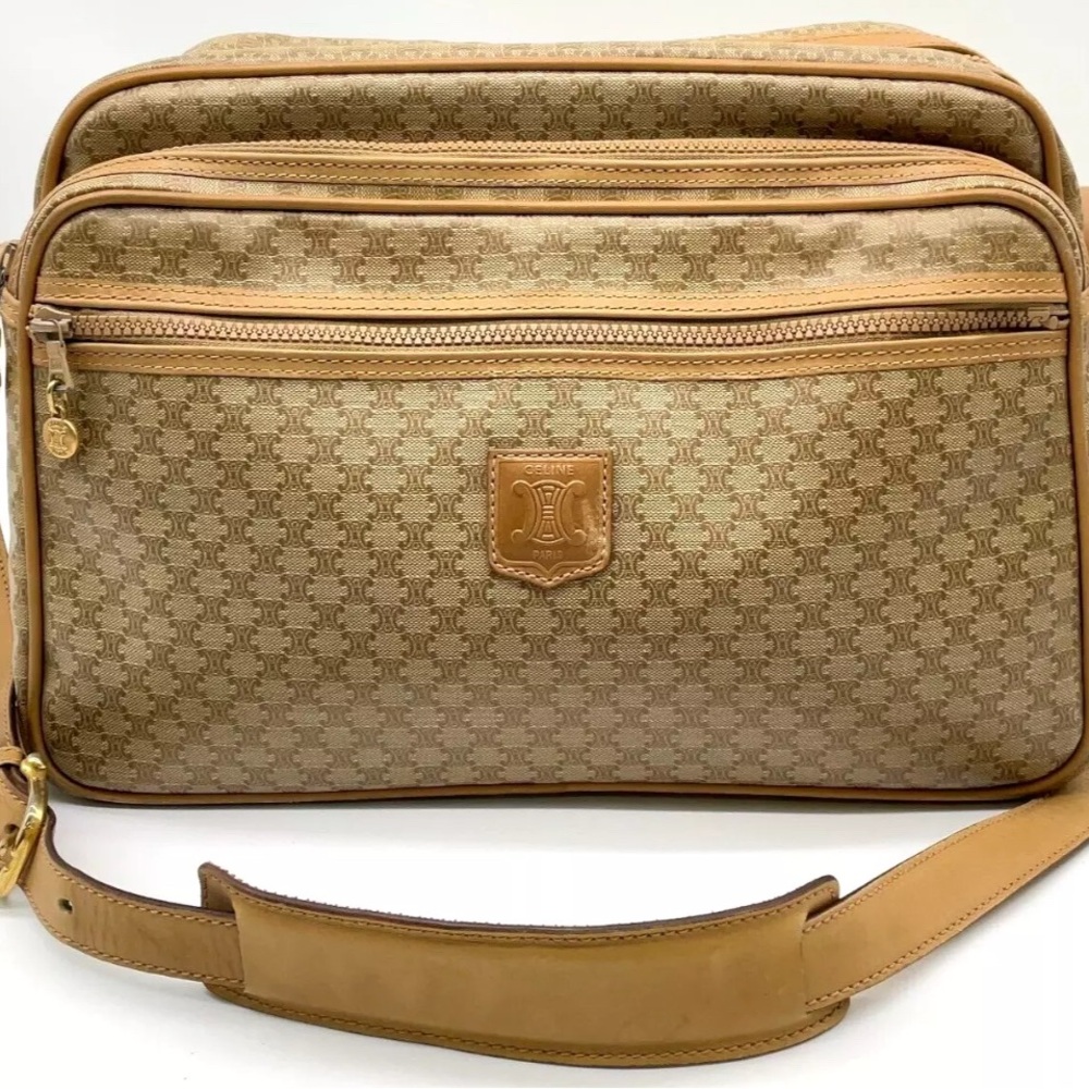 Auth Vintage Celine Triomphe Monogram Canvas Shoulder Crossbody Unisex Beige Bag
